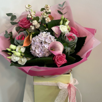 Pink ribbons - Pinks lilacs cerise colour hydrangeas snowberries, calla , roses and 

